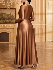 SHEIN Lady Women's Long Sleeve Overlap Design Solid Color Elegant Party Dress - Coffee Brown - View 2