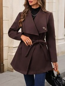 EMERY ROSE Abrigo elegante de mujer de unicolor con solapa grande y manga larga - Café integral - Ver 1