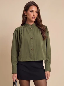 Bluhae Jaket Kasual Wanita Warna Polos dengan Kerutan, Bahu Jatuh, Lengan Panjang dan Kancing Depan Tunggal - Hijau Tentara - View 3
