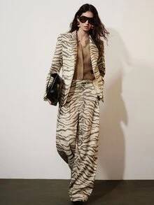 Aveloria Modichic Women's Early Autumn Stand Collar Asymmetrical Gradient Zebra Print Long Sleeve Blazer & Loose Curved Wide Leg Trousers Suit Set - Beige - View 5