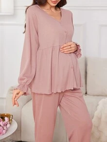 Moonlight&Mama 純色寬鬆喇叭袖前開襟V領孕婦居家服套裝 - 粉色 - 查看 4