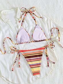 Swim Vcay 春夏女款兩件式比基尼泳衣套裝，性感度假泳裝，掛脖繫帶設計，彩色條紋隨機剪裁圖案，女性沙灘泳衣套裝 - 彩色 - 查看 2