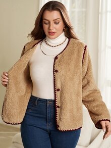 EMERY ROSE Women's Plus Size Colorblock Short Plush Jacket Autumn Clothes For Women Winter Clothes Fall Winter 2026 Color-Blocked Plush Coat - Khaki - View 7