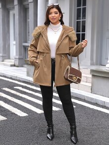 Comfylo Plus Size Women's Fur Collar Zipper Pocket Design Winter Jacket - Brown - View 3