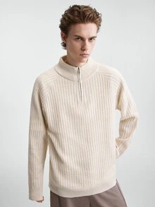 RONVEXI Men's Plus Size Textured Casual Zip Half Placket Long Sleeve Sweater - Beige - View 4