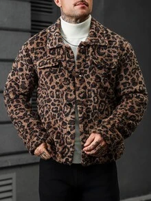 Manfinity CasualCool جاكيت رجالي قصير بطبعة نمر مزدوجة الجانب من الصوف، جاكيت كلاسيكي بطبعة نمر ناضج متعدد الاستخدامات - متعدد الألوان - مشاهدة 3