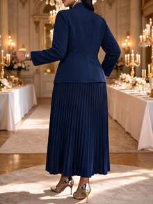 Fleurora Plus Size Women's Metal Single Button Jacket And Pleated Skirt Elegant Suit Set - Blue - View 2