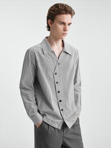 RONVEXI Blusa, Shirt Men's Casual Asymmetric Button Striped Long Sleeve Shirt Pull, Sweaters - Grey - View 1