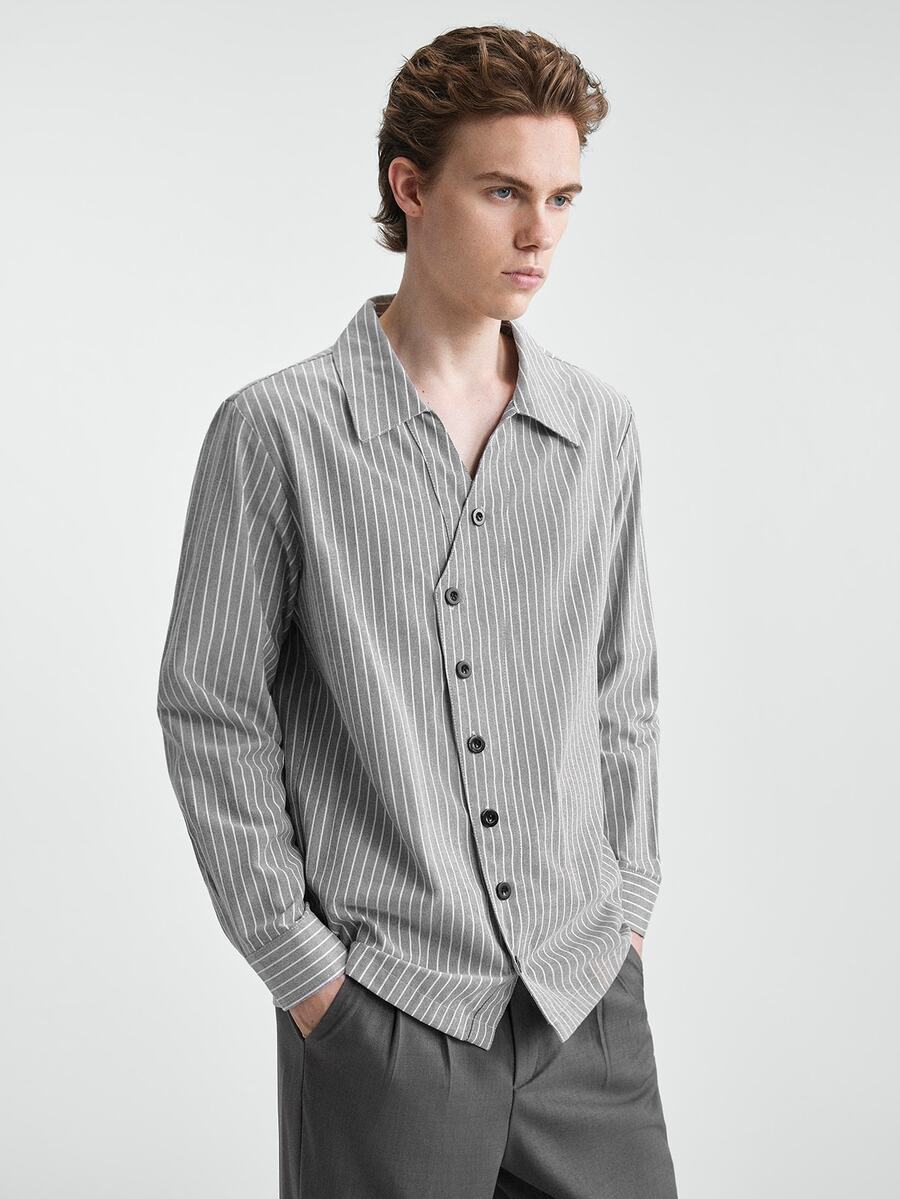 RONVEXI Blusa, Shirt Men's Casual Asymmetric Button Striped Long Sleeve Shirt Pull, Sweaters - Grey - View 1