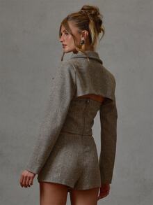 MUSERA Grey Tweed Micro Jacket With Bandeau Top Set Fall Winter Everyday Causal Going Out Cool Girl Festival Forces - Army Green - View 5