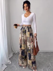 SHEIN Elenzya 秋季老錢風高腰米色長褲，復古腰帶款式，適合約會日常、畢業季、音樂節、德比賽馬、日 - 彩色 - 查看 5