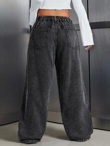 SHEIN Tall CURVE 大尺碼女款鈕扣高腰寬鬆休閒牛仔褲，適合秋冬穿著 - 黑色 - 查看 2