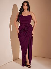 SHEIN BAE CURVE 大尺碼女款黑色優雅開衩長洋裝 - 紫色 - 查看 5