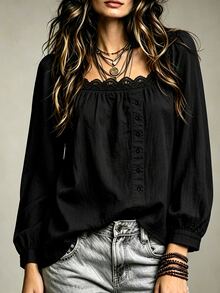 SHEIN 女款 100% 純棉蕾絲領開襟長袖襯衫 - 黑色 - 查看 5