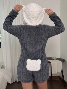 Dream Adore Bear Embroidered Long Sleeve Shorts Animal Shaped Hooded One-Piece Pajamas - Black - View 2