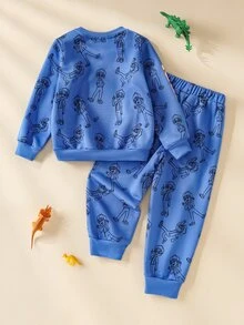Blippi X SHEIN 小男孩圓領條紋字母印花衛衣與長褲套裝 - 藍色 - 查看 2