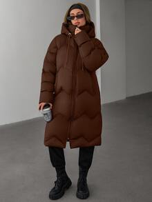 EURMUSE Women Solid Color Contrast WhiteColor Lining Detailed Long Winter Coats - Brown - View 4