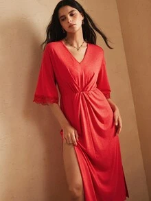 Lullawish V-Neck Short Sleeve Pleated Lace Solid Color Women's Nightgown - Red - View 4