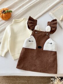 SHEIN Baby Girl Woven Colorblock Cute Deer Embroidery Pattern Corduroy Overall Dress - Multicolor - View 6