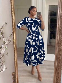 SHEIN Lady Plus Size Women's All-Over Print Pleated Casual Everyday Summer Dress - Navy Blue - View 6