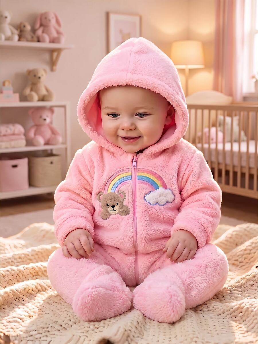 SHEIN Romper Bayi Baru Lahir Lucu Motif Kartun Merah Muda Berbulu untuk Musim Gugur/Dingin - Berwarna merah muda - View 1