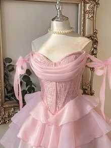 Lovelzi Elegant Luxurious Handmade 3D Applique Decorated Strapless Ruched Multi-Boning Fitted A-Line Short Formal Evening Gown For Women - Pink - View 3