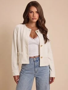Bluhae Fashionable Elegant Loose Round Neck Metal Button Decor Long Sleeve Short Jacket For Women In Apricot - Apricot - View 1