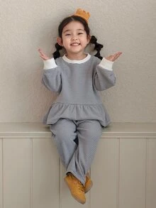 DAZY Infant/Toddler (Girl) Round Neck Striped Korean Style Long Sleeve Ruffle Trim Casual Sweatshirt - Grey - View 5