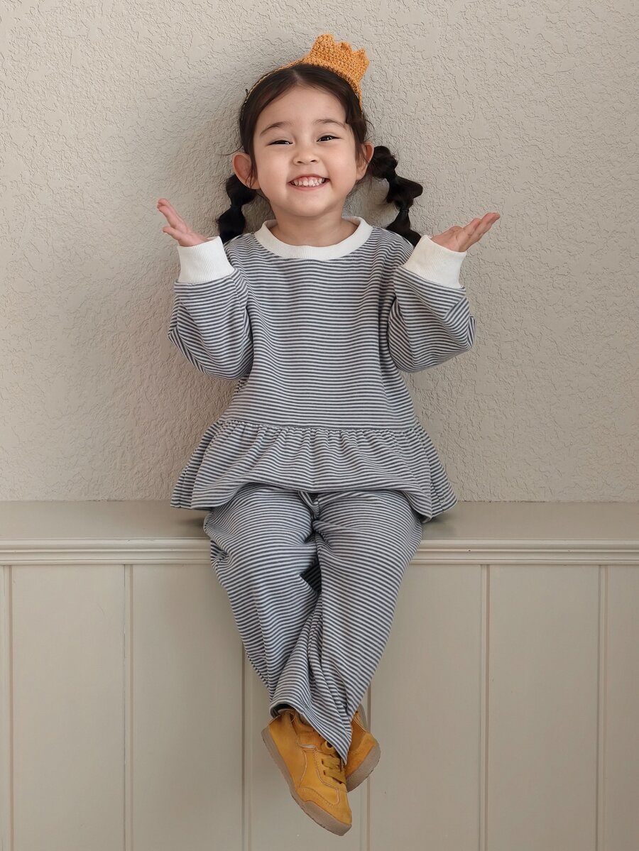 DAZY Infant/Toddler (Girl) Round Neck Striped Korean Style Long Sleeve Ruffle Trim Casual Sweatshirt - Grey - View 1
