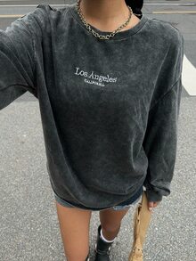 SHEIN CURVE+ Women's New Distressed Snow-Washed Round Neck Long Sleeve Letter Print Casual Black T-Shirt Fall - Black - View 6