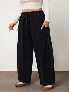 Enliva Plus-Size Loose-Fitting Drawstring Casual Trousers (Autumn Style)Apple,Rounded Body - Grey - View 1