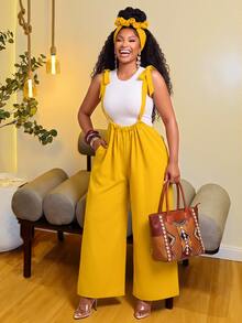 Brilight Women Wide Leg Jumpsuit, Bowknot Spaghetti Strap Backless Ruched Satin Romper, Vacation Outfit For Holiday Garden Party Mustard Yellow Summer - Mustard Yellow - View 5