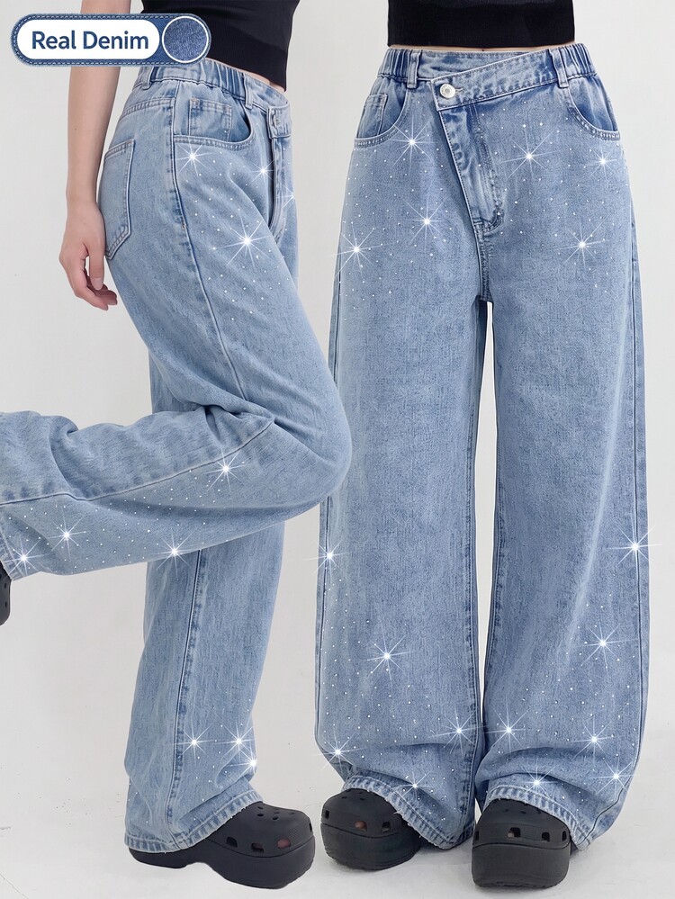 SHEIN Genkimix Kids Teen Girls' Navy Blue Rhinestone Denim Jeans, All-Season Versatile Asymmetrical Waist Design, Loose Straight Leg Long Pants, Casual Baggy Prom Party - Light Wash - View 4
