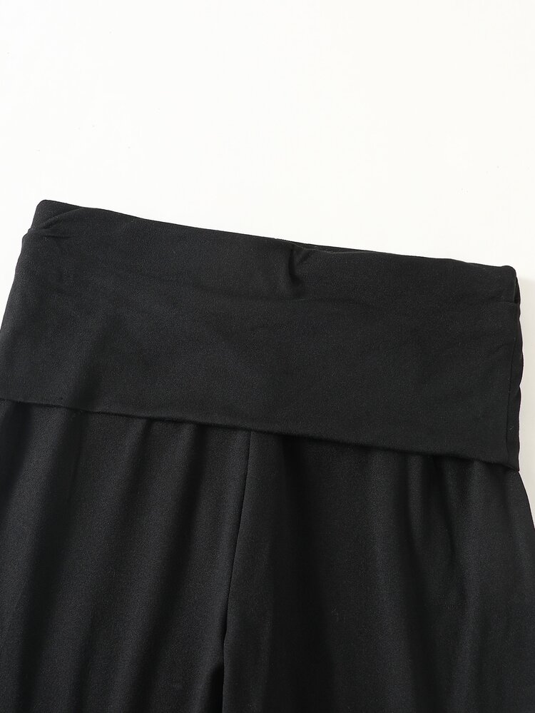 SHEIN Teen Girl Black Fold-Over High Waist Flared Yoga Pants High Elasticity Snug Fit Flare Leggings For Campus Daily Casual Junior Baggy Fall Beach Sports - Black - View 6