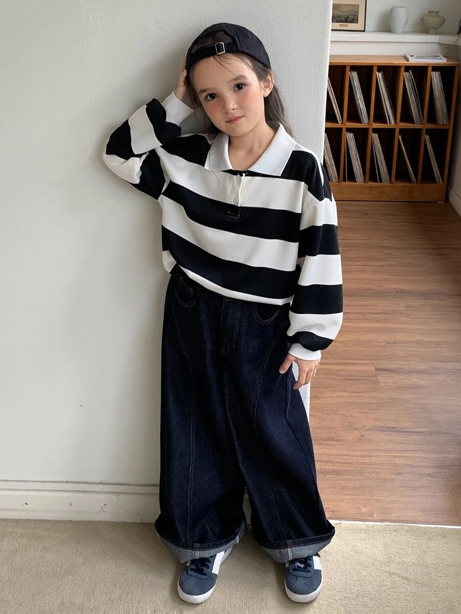 Dazy Kids Tween Girl) Loose Striped Collar Casual Long Sleeve Sweatshirt, Autumn/Winter - Black and White - View 1