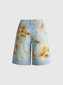ROMWE Street Life Fairycore Floral Print Vintage Flower Versatile Street Style Women's Denim Capri Pants - Blue - View 2