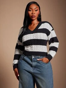 SHEIN SXY Sweater Lengan Panjang Model Crop Berkerah V Warna Hitam Putih untuk Musim Dingin - Hitam dan Putih - View 4