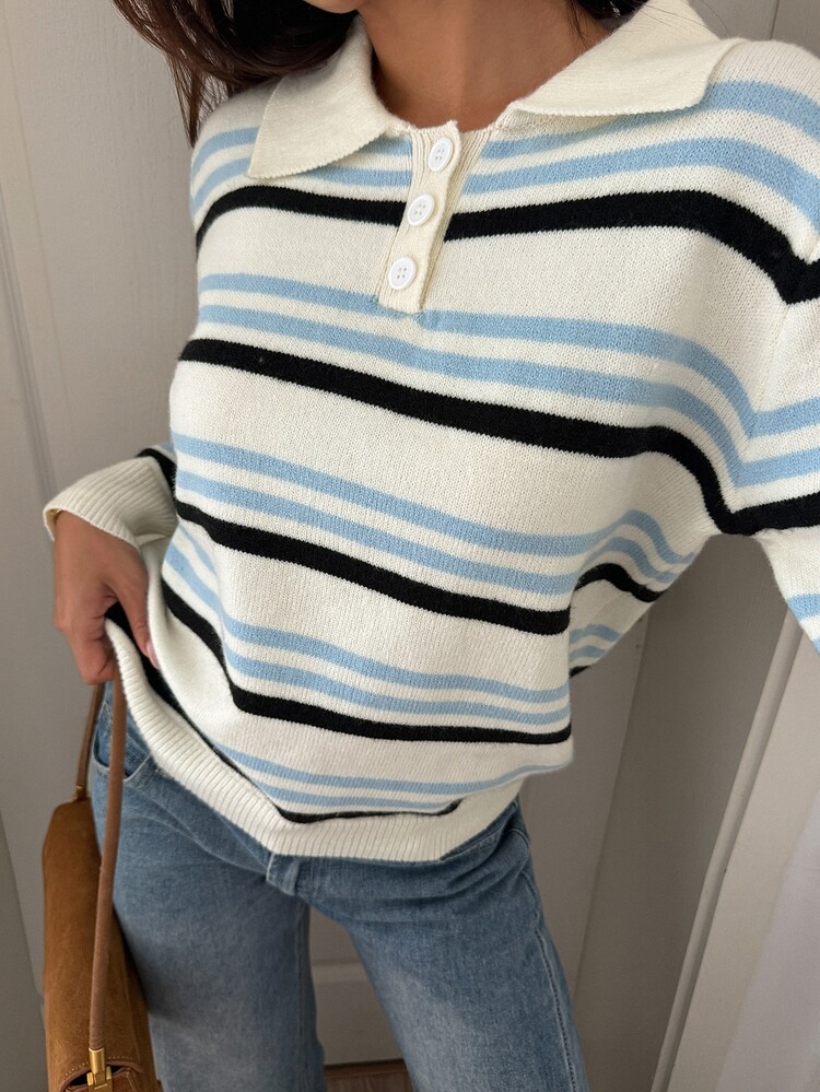 DAZY 女款拼色條紋圖案長袖翻領鈕扣裝飾時尚毛衣 - 彩色 - 查看 5