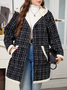 SHEIN Clasi 大尺碼女款格紋圖案簡約百搭拉鍊保暖內裡連帽夾克 - 黑色 - 查看 6