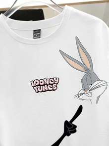 LOONEY TUNES X SHEIN Daypath 男士休閒卡通圖案印花短袖圓領T恤 - 白色 - 查看 4