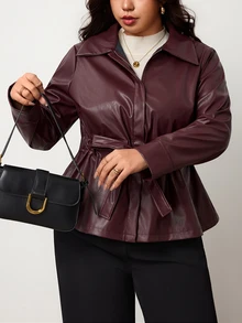 Truni Plus-Size Women's Autumn And Winter Casual Fitted Leather Jacket Pear Body,Triangle Body - Rust Brown - View 4