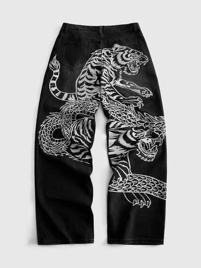 ROMWE MEN Street Life Men's Tiger Print Button Pocket Denim Jeans