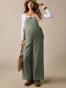 Boho Mama 孕婦時尚寬鬆連身褲，直條紋圖案 - 綠色 - 查看 8