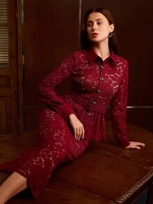 MOTF PREMIUM WOMEN'S ELEGANT BEADED HOLLOW EMBROIDERY WAIST BELT BUTTON RUFFLE LONG SLEEVE BLOUSE & SLIT BODYCON SKIRT TWO PIECES SET - Red - View 6