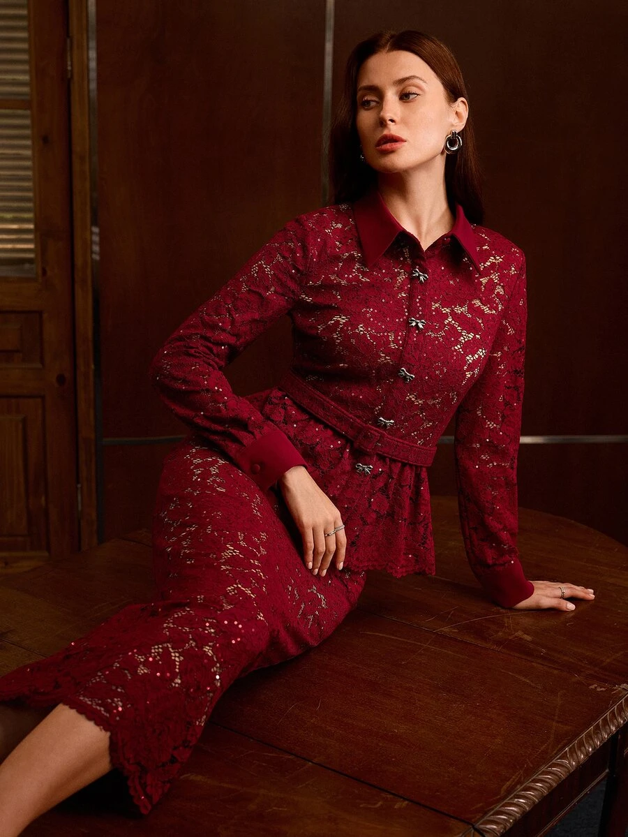 MOTF PREMIUM WOMEN'S ELEGANT BEADED HOLLOW EMBROIDERY WAIST BELT BUTTON RUFFLE LONG SLEEVE BLOUSE & SLIT BODYCON SKIRT TWO PIECES SET - Red - View 1