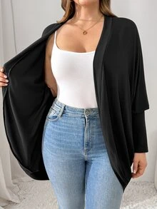 Shapeblank Women's Plus-Size Black Long-Sleeve Cardigan – Stylish, Casual, Stretchy, And Comfortable (Fall/Winter),Fall Outfits,Coats,Simple Style,Going Out Tops - Black - View 3