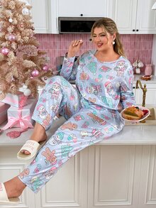 Slumberry CURVE Striped Bow Print Sweet Ins Knit Long Sleeve Plus Size Pajama Set - Purple - View 6