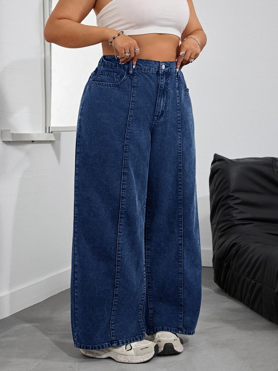 SHEIN PETITE CURVE 大尺碼女款口袋寬腿鬆垮休閒百搭牛仔褲 - 藍色 - 查看 1