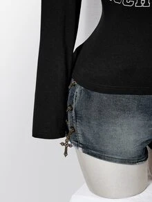 SHEIN ICON تي شيرت نسائي مقاس كبير بطبعة حروف رقمية كاجوال 2 في 1 - الأسود - مشاهدة 8
