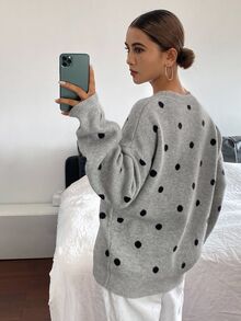 Livesso Petite Áo len dài tay họa tiết chấm bi phong cách thường ngày cho nữ - Xám - Xem 5